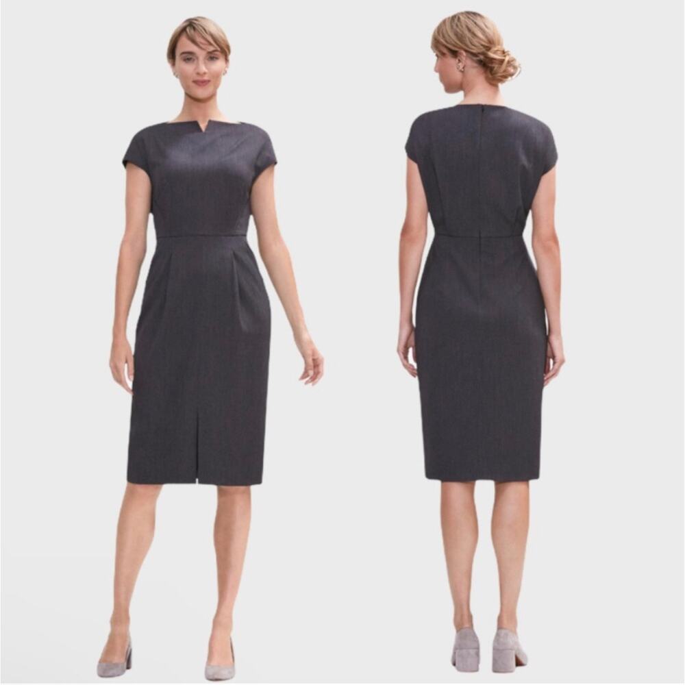 MM Lafleur Rukmini Grey Split Neck Cap Sleeve Front Slit Sheath Career Dress 8